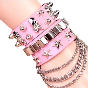 GOTH LEATHER PUNK ROCK PINK & SILVER STUD/ CHAINS BRACELET SET